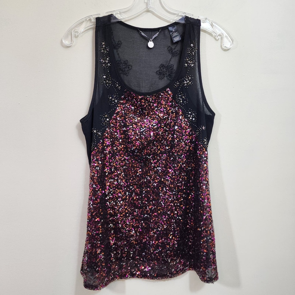 BKE boutique black semi-sheer sequin & beaded tank top woman's size small‎